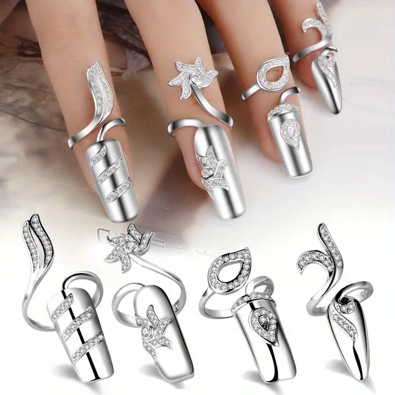 Elegant Floral Wreath Ring Set for Women (4 Pieces) - Adjustable Opening Design, Sparkling Rhinestones, Perfect for Weddings and Birthdays-Greenish