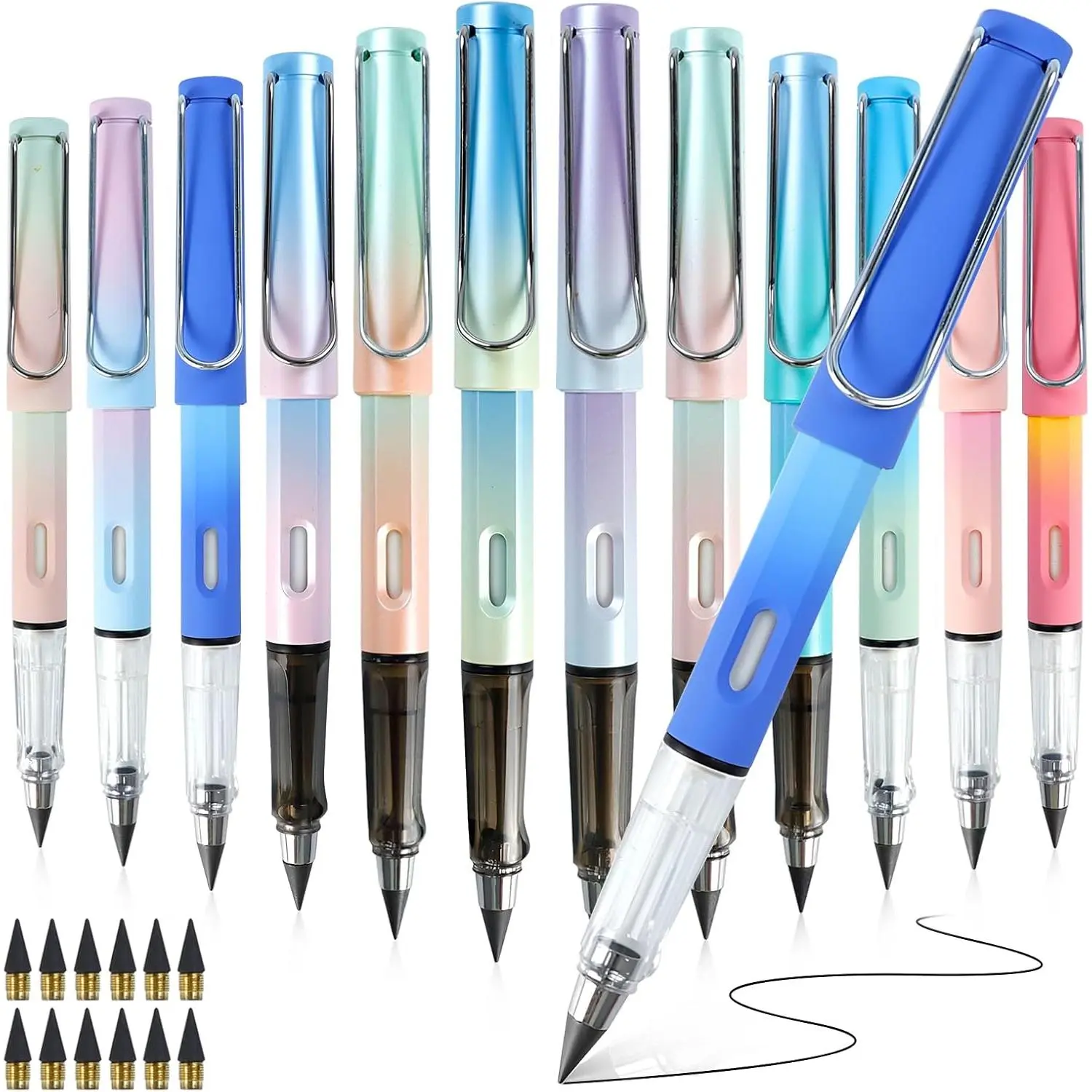 12 count Everlasting Pencils with 12 Replacement Tips,  Infinity Pencil with Eraser, Inkless Pencil Eternal pencil for Writing, Forever Pencil for Student Sketching Office Supplies