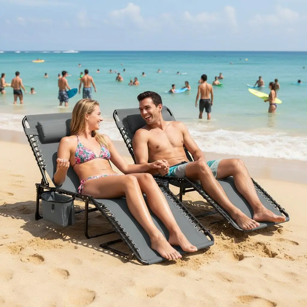 5 Position Adjustable Outdoor Chaise Lounge Chair, Collapsible Portable Patio Recliner with Pillow and Side Pocket, Blue Reclining Chair for Sunbathing Poolside Beach Backyard