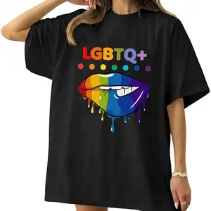 LGBTQ+ Rainbow Lips Graphic Tee, Pride Month Casual Black T-Shirt Shirt Round Neck