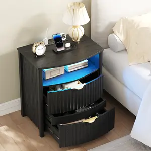Vlsrka Fluted Night Stand with Gun Drawer & Card-Lock, 19.7" W Curved Nightstand with Charging Station and LED Lights, 2 Drawers Smart Bedside Table for Bedroom