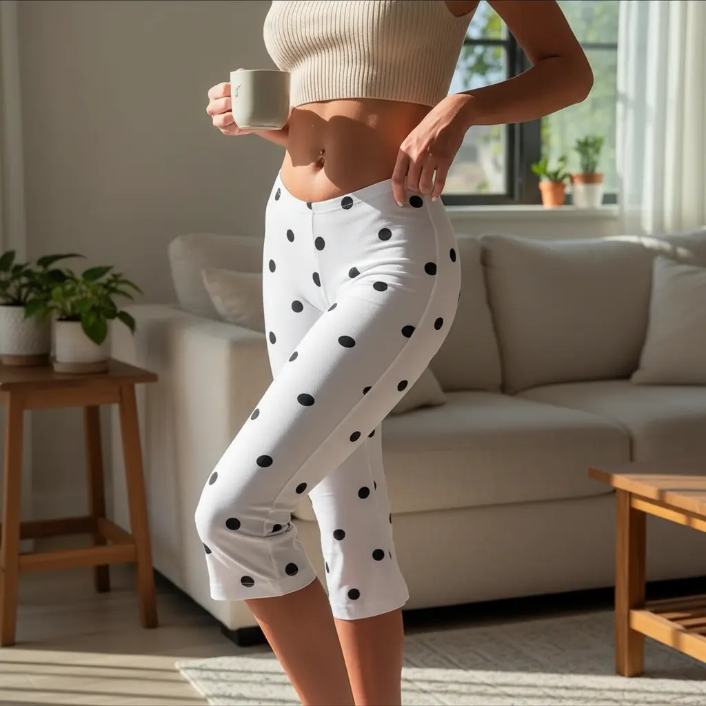 Women Casual Capris Pants Dot Prints/Solid Colors Elastic Waist Cropped Flared Pants Trendy Trousers for Streetwear