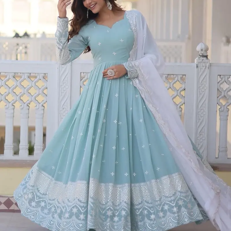 Dresser Faux Georgette Sequins Embroidered Anarkali in Soft Aqua with White Lace Trim and Elegant Long Sleeves