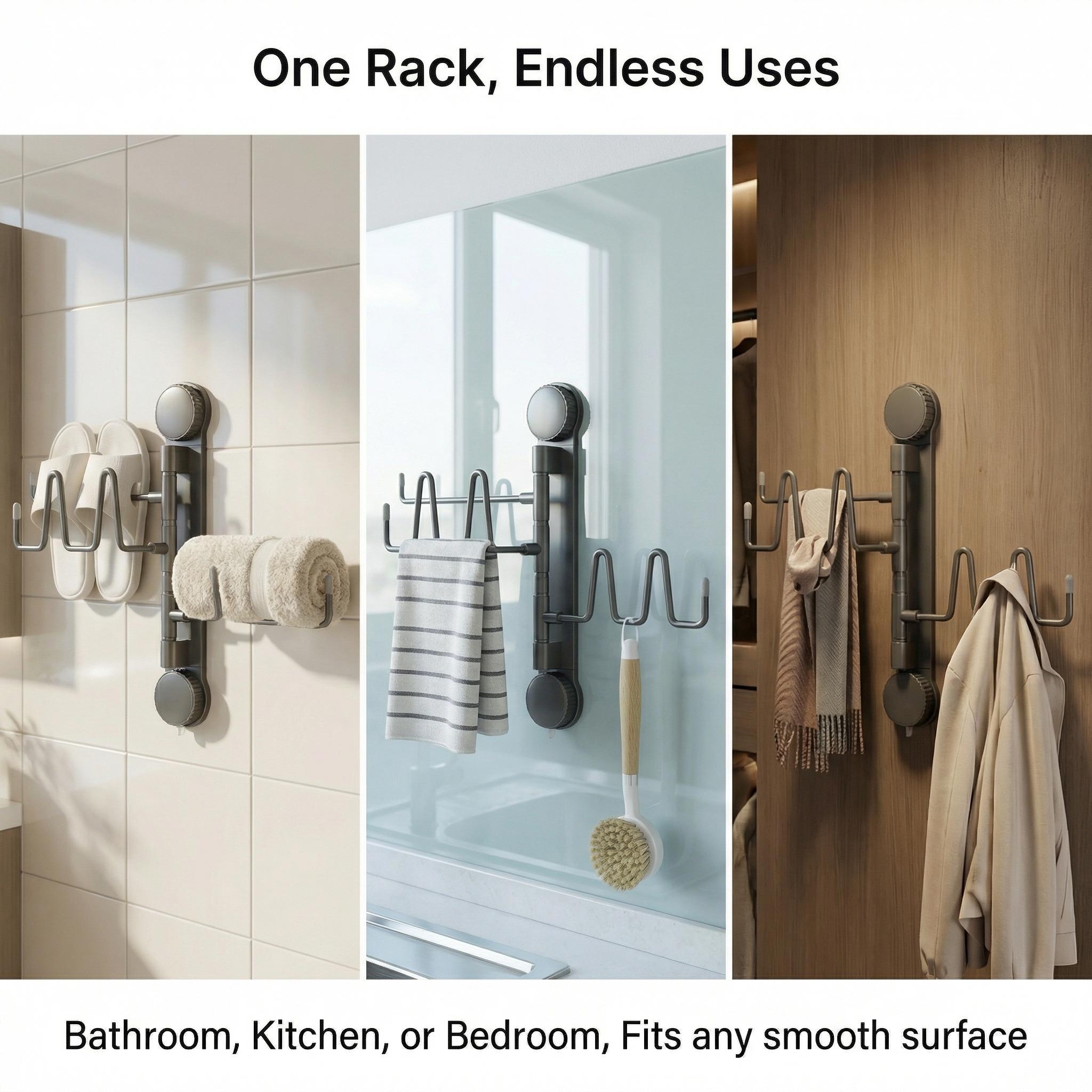 No-Drill Space Aluminum Slipper Rack, Wall Mounted Rotatable Shoe Organizer, Renter-Friendly Bathroom Storage, Heavy Duty Suction Cup Holder for Slippers, Towels, Kitchen Utensils