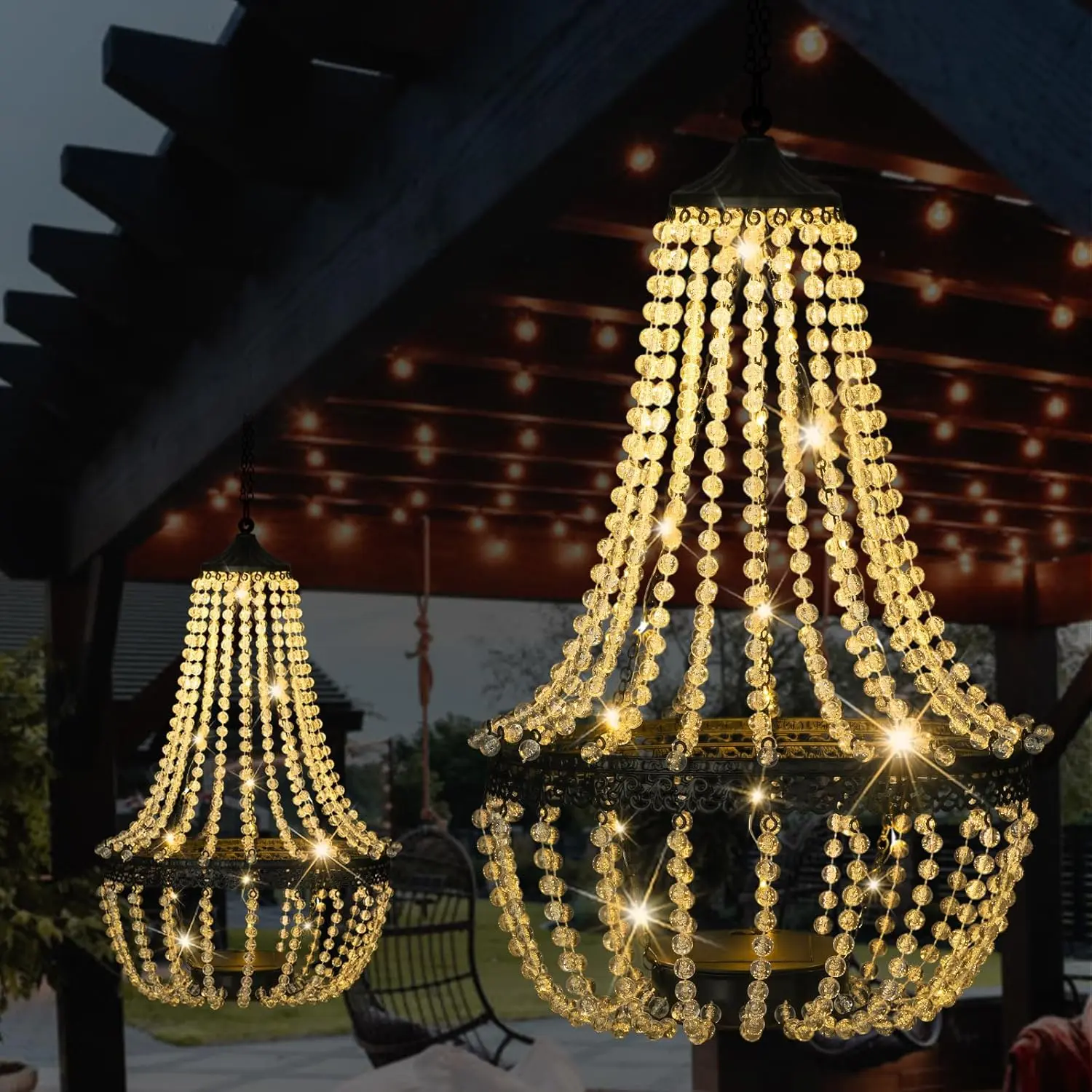 Hanging Solar Chandelier Outdoor, 30 Warm White Lights  Clear Beaded Chandelier with S Hooks Modern Lantern for Garden Yard Patio Gazebo Decorations, 28"H
