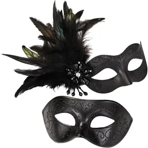 MYSEUNI Black Couples Masquerade Mask Set - Women's Masquerade Masks with Feathers & Venetian Mask for Men, Mardi Gras, Halloween, Cosplay, Prom, Christmas