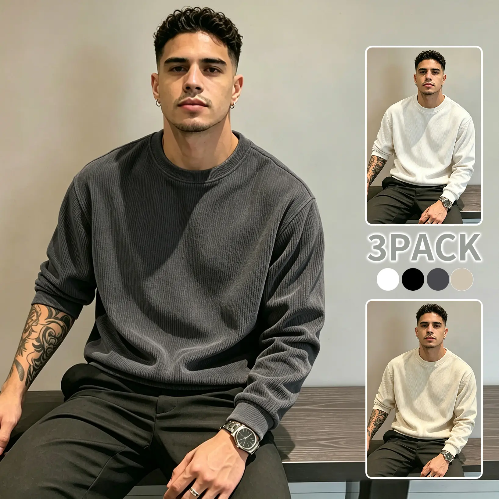 3-Pack Men's Fall Winter Corduroy Crew Neck Sweatshirt, Soft Warm Textured Long Sleeve Pullover, Loose Fit Casual Streetwear Top, Fashion Basic Shirts for Daily Office & Everyday Outfits elastic cuff spring unisex men