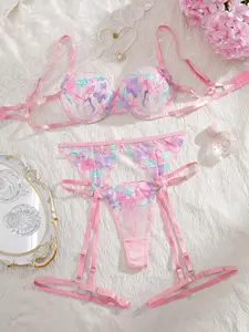 Women's 4-Piece Romantic Pink Lace Sheer Floral Embroidery Lingerie Set - V-Neck Adjustable Straps Bodysuit, Halter Bra, Garter Belt, Lace Underwear Set - Soft Supportive Lingerie, Hand Wash, Ideal Gift for Her