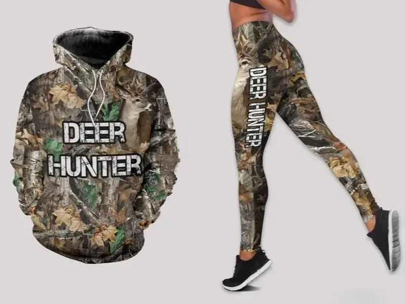 Deer Hunting Gift Hoodie and Leggings Set – Personalized US Size Deer Hunter Outfit, Custom Name Country Girl Camo Sweatshirt and Pants Combo