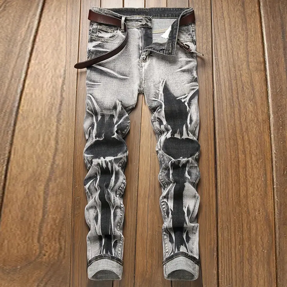 Black & gray contrast washed jeans | Unique washed distressed design | Street-style slim fit stretch long pants (no belt)