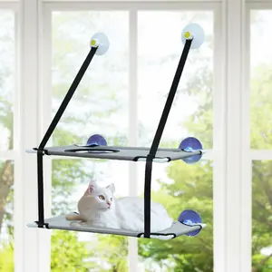 VOCOSTE Cat Window Perch, Double-Layer Cat Hammock, Cat Window Hammock, Cat Window Bed with Two Scratching Posts, 20.08"x12.2"x11.02", Gray