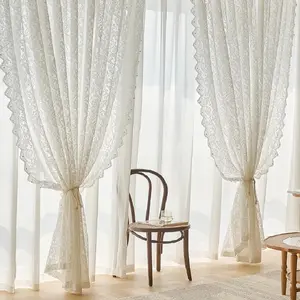 Floral Pattern Lace Beaded Curtain, Elegant French Country Style Curtain, Door Curtain for Living Room & Bedroom, Room Decor Curtain, Window Curtain