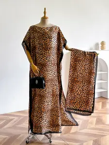 Elegant Chic Silk Woven Leopard Print Dress Set, Long Robe & Shawl, Lightweight Beach Sun Protection Scarf, All-Season Casual Wear for Women