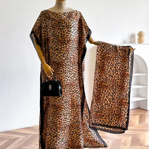 Elegant Chic Silk Woven Leopard Print Dress Set, Matching Long Robe & Shawl, Lightweight Beach Sun Protection Scarf, All-Season Casual Wear for Women, Outfit, Summer, Casual Classy Elegant