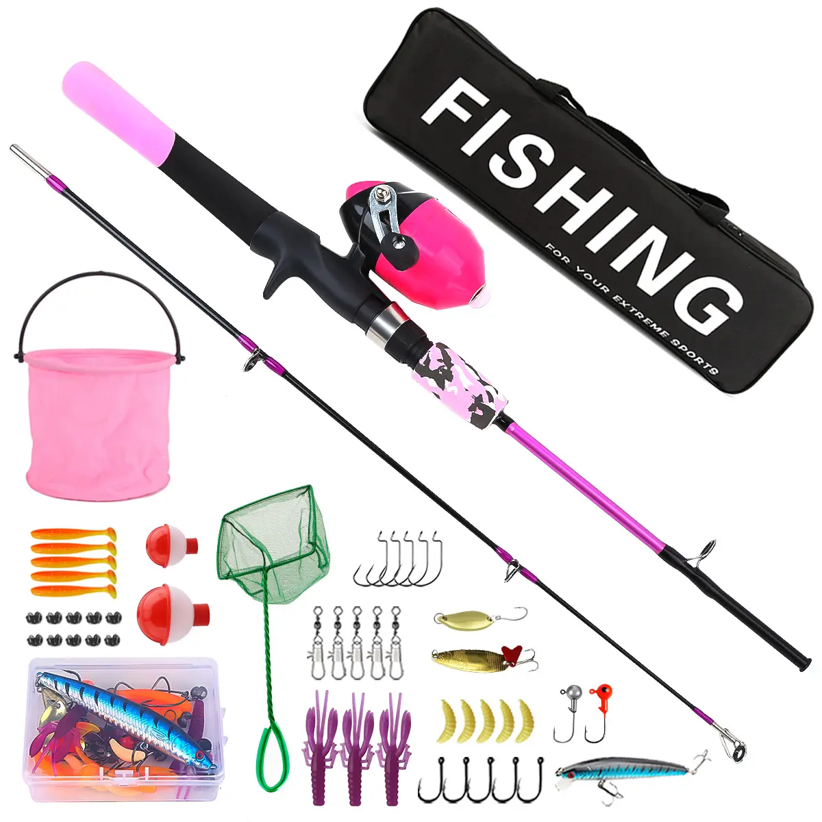 Fishing Rod Set for Women Beginners, Fishing Combo, Fishing Equipment, Fishing Gear Set, Spinning Rod, Complete Starter Kit Includes Reel, Net, Bucket, Lures & Storage Bag, Freshwater Fishing Gift Set, Fishing Accessories, Fishing Supplies