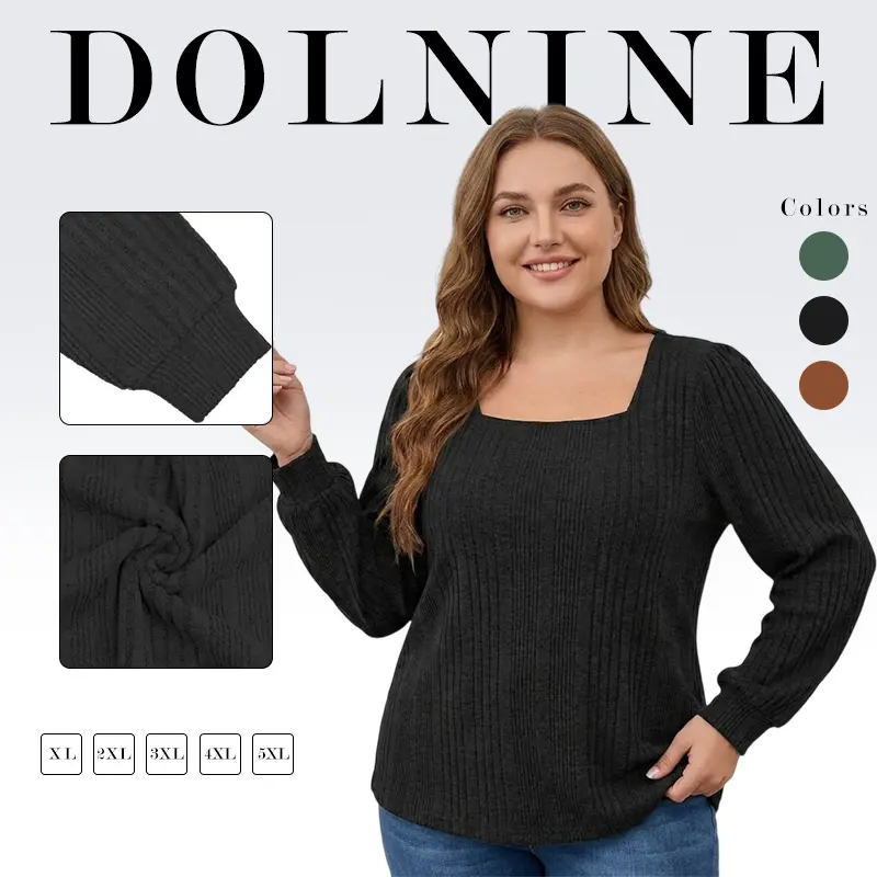 DOLNINE Women's Plus Size Pullover, Elegant Long Lantern Sleeve Tunic Top, Casual Square Neck Sweater in Lightweight Knit Fabric, Long Sleeves, Athletic, Feminine, Stretchy