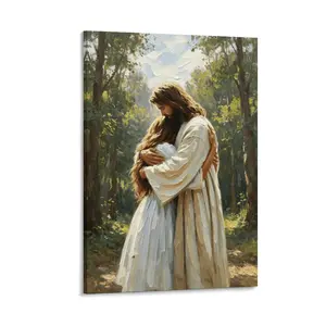 Jesus Hugging Girl Forest Canvas Print, Christian Housewarming Gift, Framed Religious Wall Art
