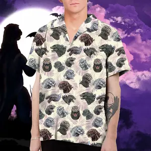 Godzilla Head Collection Hawaiian Shirt, Beach Aloha Shirt for Men and Women, Casual Summer Vacation Shirt, Tropical Print Menswear Top S-5XL