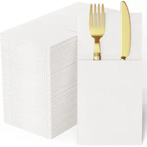 100 Pack Paper Napkins with Built-in Flatware Pocket, Prefolded Paper Napkins, Disposable Guest Hand Towels for Dinner, Party, Wedding or Events