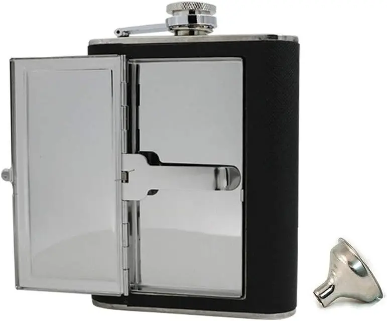 5 oz PU Leather Wrapped Stainless Steel Flask Liquor Alcohol Bottle Holder with Built-in Cigar Case and Funnel Set for Man Woman