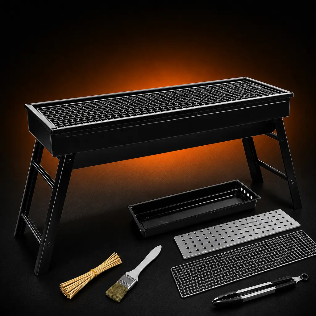 Portable Folding Charcoal Grill with BBQ Accessories, Heavy-Duty Camping Grill with Collapsible Legs and Charcoal Tray, Compact Outdoor Barbecue for Camping, Picnic, Patio, Backyard and Outdoor Cooking