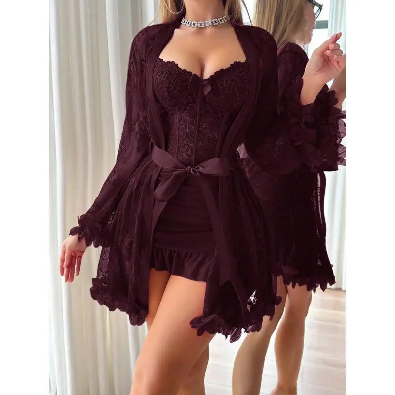 2pcs Set: 3D Floral Lace Robe + Fishbone Waist Design Lace Camisole Nightgown Lace Robe Set Lace Lingerie Set Lingerie Robe Lace Sleepwear Lingerie With Sleeves(Sheets),Monaco