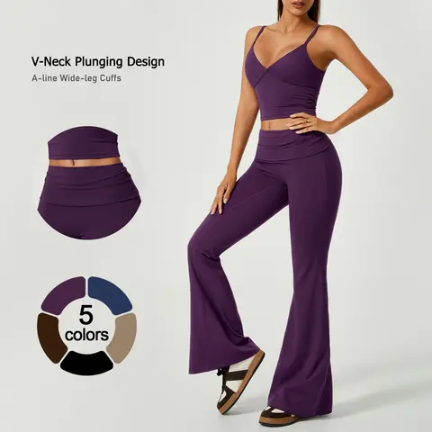 TIMEOFF Women's 2-Piece Athletic Outdoor Sportswear Set - Deep V-Neck Crop Cami, Flared Pants, Adjustable Minimalist Fabric, Buttock-Lifting Sculpting, Back Hollow-Out, Breathable Active Athleisure for Yoga, Workout