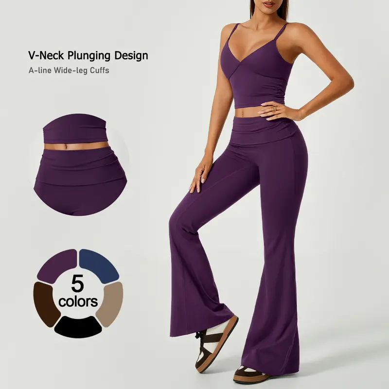 TIMEOFF Women's 2-Piece Athletic Outdoor Sportswear Set - Deep V-Neck Crop Cami, Flared Pants, Adjustable Minimalist Fabric, Buttock-Lifting Sculpting, Back Hollow-Out, Breathable Active Athleisure for Yoga, Workout,outdoorfun