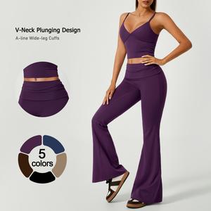 TIMEOFF Women's 2-Piece Athletic Sportswear Matching Set - Deep V Crop Cami & Flared Pants, Adjustable Minimalist Fabric, Buttock Lifting Sculpting, Back Hollow-Out, Athleisure Breathable Clothes for Yoga & Workout Daily Wear, 2 Piece Sets, Workout Sets F