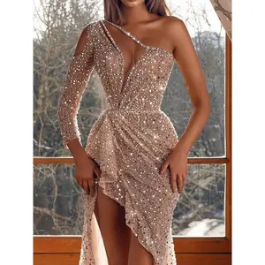 New one-shoulder sequined party dress High slit maxi sequined evening gown for women VestidosCasual Womenswear formal dresses women red wedding guest dress Workwear Comfort Festival Basic Long Sleeve