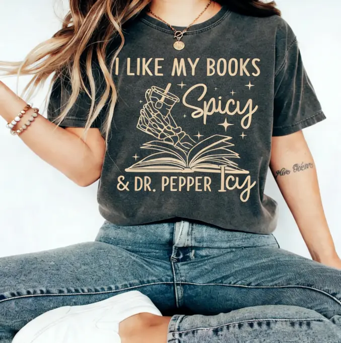 Women's Casual Retro Oversized Short-Sleeve Cotton T-Shirt - Comfortable, Breathable Fabric, "I Like My Books Spicy & Dr. Pepper Icy" Bookish Graphic Top, Shortsleeve, Relaxed Fit