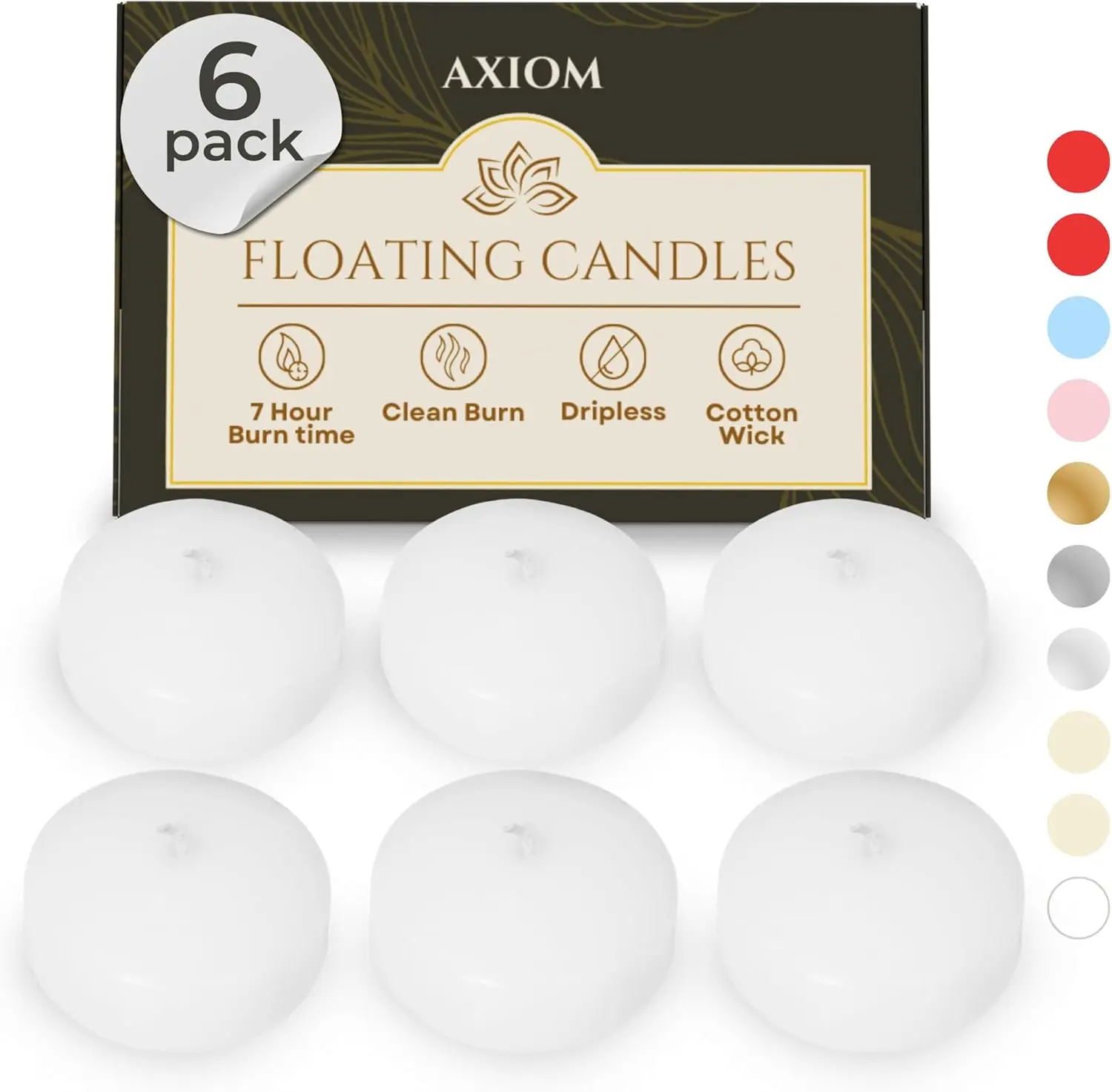Axiom Unscented Non-Toxic Smokeless 2-Inch Durable Paraffin Wax Floating Candles, 6-Pack for Party Centerpieces, Home Decor