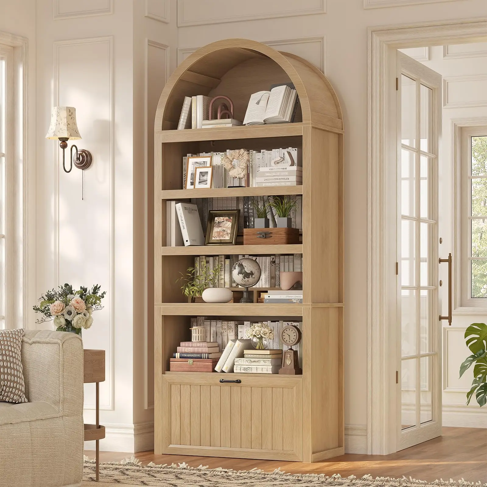 81" Tall Arched Cabinets, Bookcase with Storage Drawer, Mid-Century Modern 5-Tier Bookshelf with 2 Book Risers and Adjustable Shelves for Living Room, Kitchen, Home Office, Oak