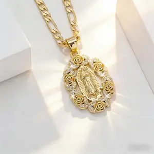 18K Gold Plated Our Lady of Guadalupe Pendant Necklace with Cubic Zirconia Roses & Figaro Chain – Hypoallergenic Faith Jewelry for Men & Women