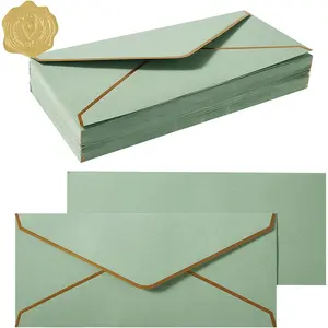 50 Pack #10 Business Envelopes with Gold Border, Self Seal Standard Envelopes with Gold Stickers for Office, Checks, Letter Mailing, Invoices, 4 1/8 x 9 1/2 Inches (Sage-Green)