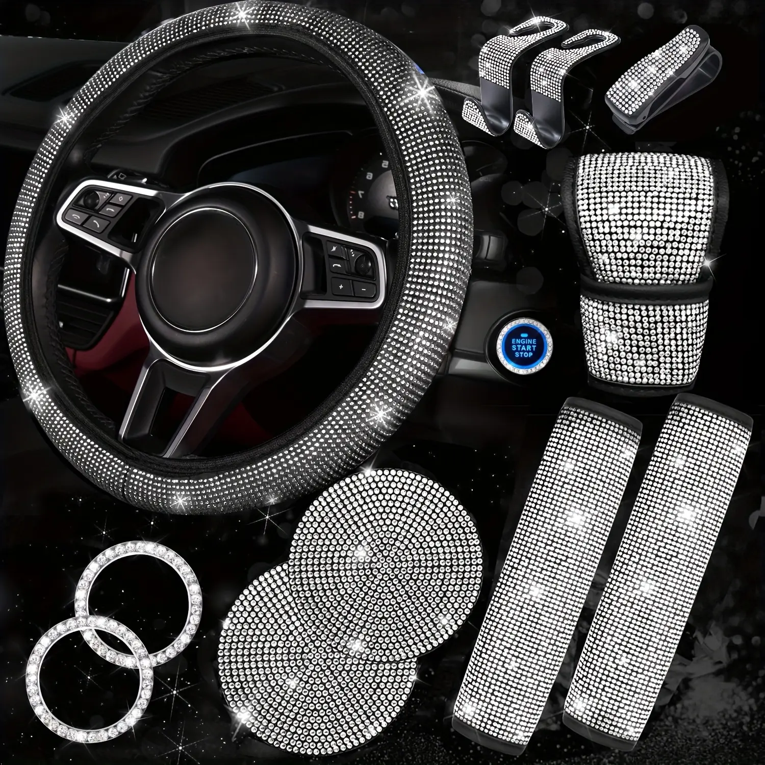 NBTEPEM 11 PCS Bling Diamond Car Accessories for Women - Girly Interior Set, Rhinestone Steering Wheel Cover, Seat Belt Cushion, Glitter Shift Knob Cover, Car Cup Holder Coaster (Silver), Girly Car Accessories