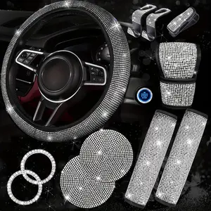 NBTEPEM 11 PCS Bling Car Accessories for Women, Sparkly Rhinestone Diamond Steering Wheel Cover, Bling Seat Belt Cushion, Glitter Shift Knob Cover, Car Cup Holder Coaster, Cute Interior Sets Silver
