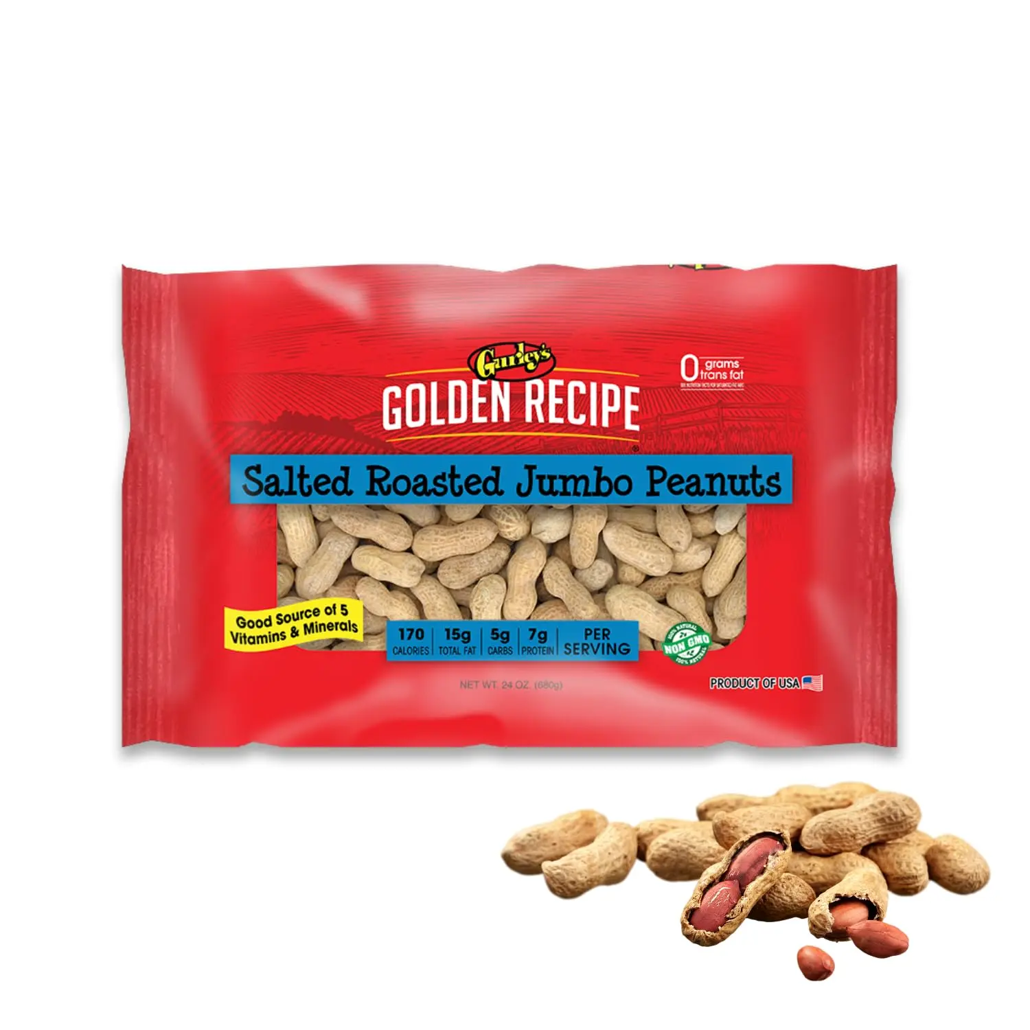 Gurley's Jumbo In-Shell Peanuts: Salted & Roasted, Non GMO, 24 oz Bag, High Protein Snack