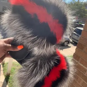 Grey Red & Black Fluffy Slides - Indoor Fur Slides with Open Toe Design, Comfortable Rubber Sole, Stylish and Versatile for Any Season Women