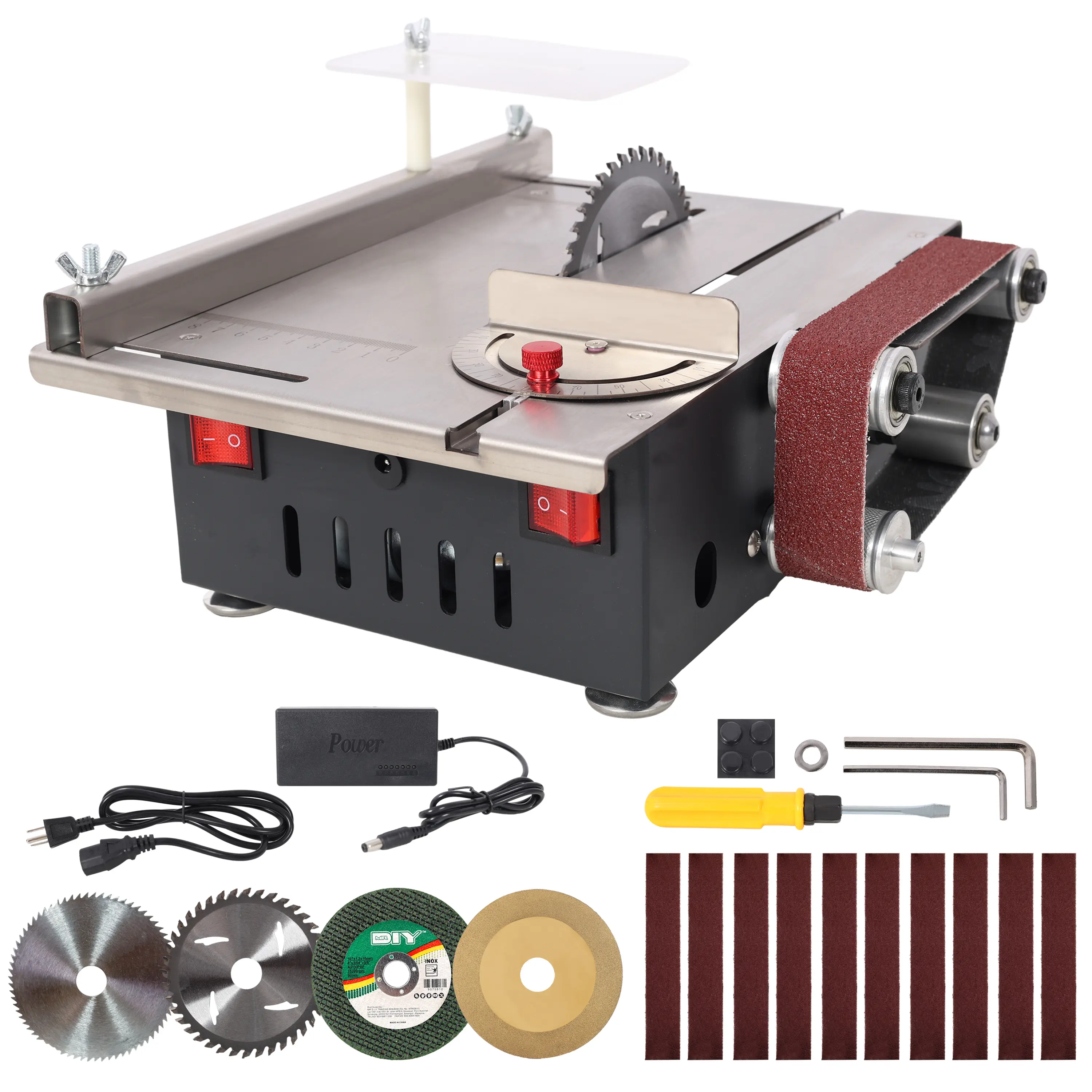 Hdmw Mini Table Saw with Belt Sander - 2.4 In Stainless Steel Alloy Top, 4pcs Blades, 10 Sanding Belts, 7 Gear Adjustable 0-90° Adjustable Angles, Push-Pull Slide, for Wood/Resin, DIY Crafts Cutting Tool