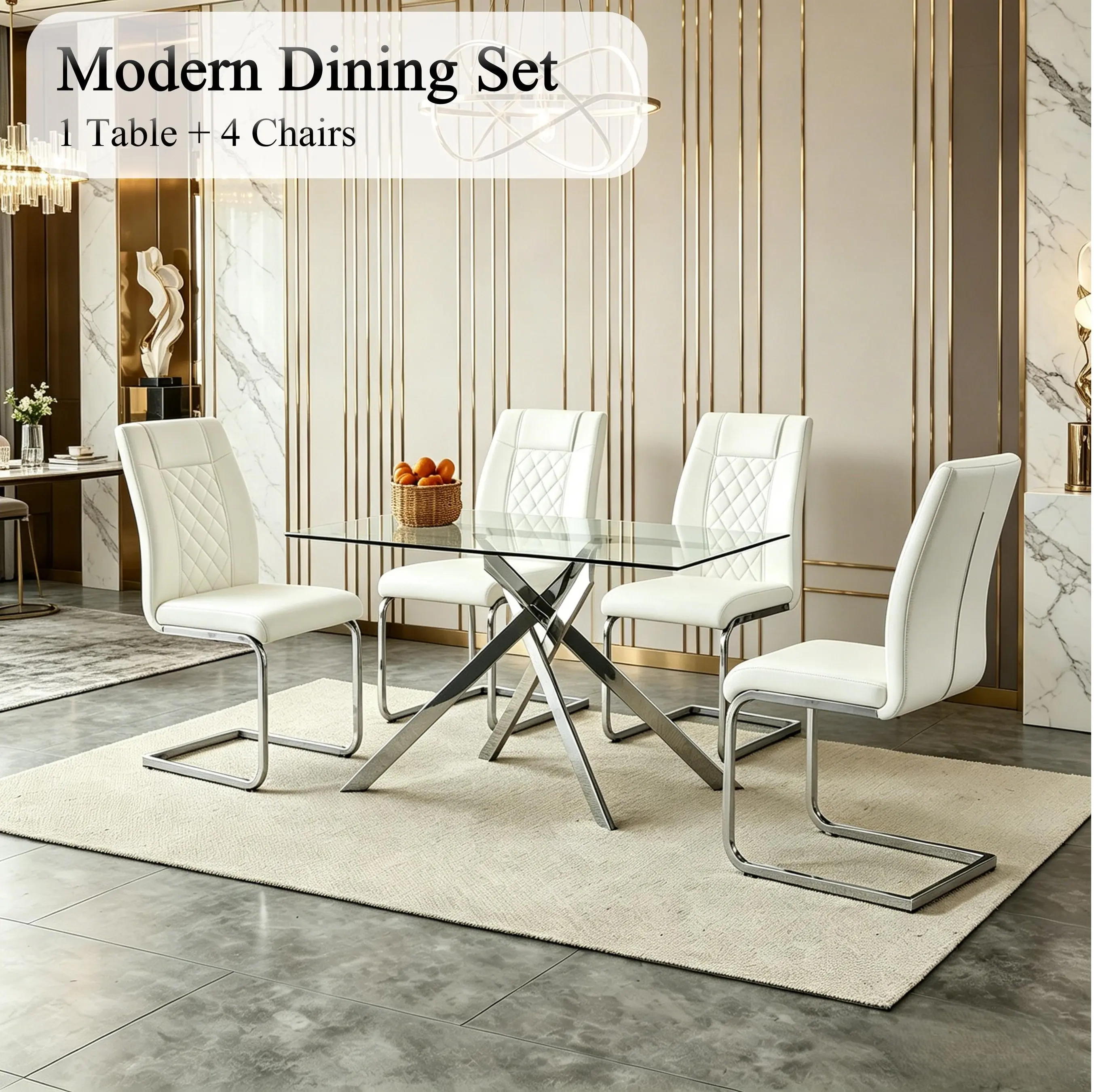 [2 Packages] 5-Pc Modern Dining Table Set, 51" Heat-Safe Tempered Glass Top Table with Silver Legs + 4 PU Leather High Back Chairs for Dining Room, Silver&White, 5‑Pc Modern Set