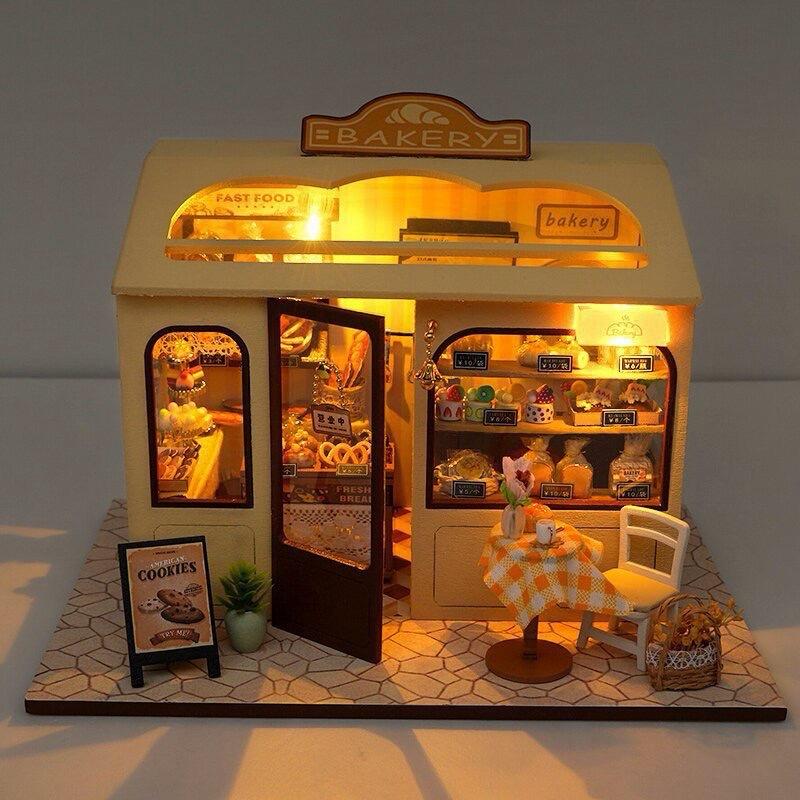DIY Miniature Dollhouse Kit - Cozy Bakery Shop with LED Lights | Creative Handcraft Gift for Girls & Hobbyists
