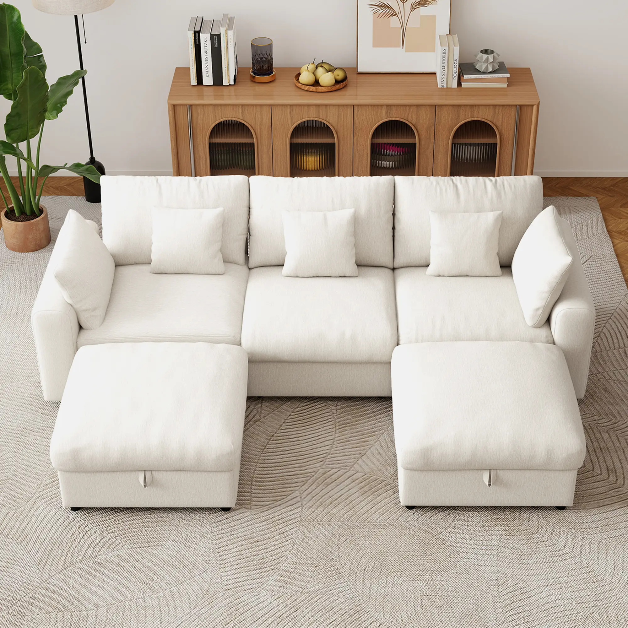 GuroMagicSofa 140" Extra Large Modular Chenille Beige Cloud Couch Set, 4 Seats & 2 Removable Storage Ottomans, L-Shape Modern Extra Deep Seat Living Room Furniture