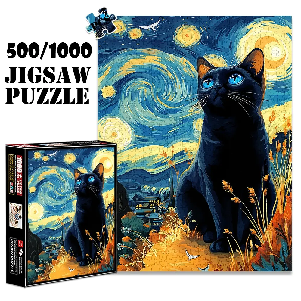 1pc 1000 piece adult puzzle 70x50cm Black Cat Under Starry Night Landscape 500 pieces paper jigsaw puzzle suitable for DIY creative games for adults and families, birthday and holiday stress relief