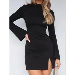 Women's Plain Long Sleeve Dress, Elegant Fashion Casual Mock Neck Split Short Dress for Daily Outdoor Wear, Women Dress for Spring & Fall