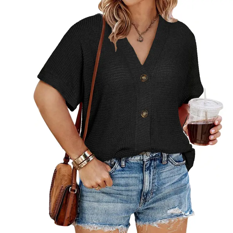 Eytino Womens Plus Size Tops Casual V Neck Short Sleeve Waffle Knit Button Down Shirts(1X-5X)