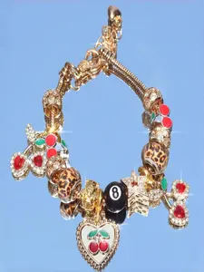Women's Leopard Print Design Snake Bone Chain Bracelet, Rhinestone Cherry Pendant, Casual Party Daily Wear Jewelry