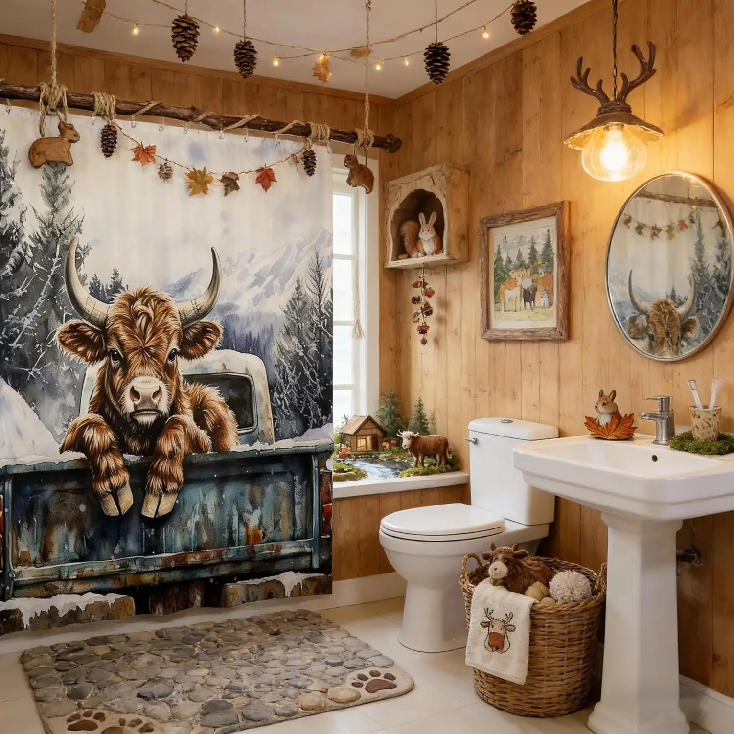 Highland Cow Shower Curtains,Truck Animal Winter Snowflake Bathroom Curtain,Cute Rustic Farmhouse Home Decor,Navy Blue Brown Waterproof Curtains
