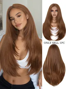 Long Straight Synthetic Hair Wigs for Women, Middle Part Glueless Layered Design, Synthetic Material, Heat-Resistant Fibers, Ideal for Daily Wear & Events