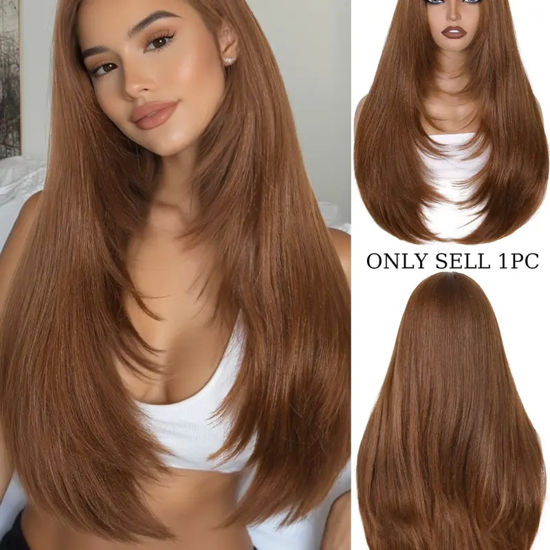 Long Straight Synthetic Hair Wigs for Women, Middle Part Glueless Layered Design, Heat-Resistant Fibers Synthetic Machine Wigs for Daily Wear & Events